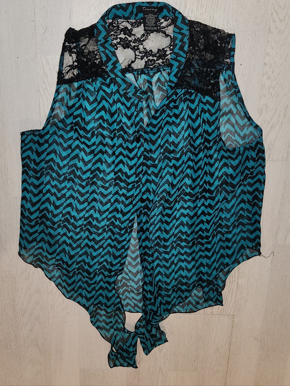 Teal and Black Chevron Lace-Trim Sleeveless Tie-Hem Camisole